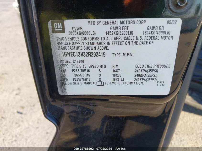 2002 Chevrolet Tahoe Ls VIN: 1GNEC13V32R292419 Lot: 39786902