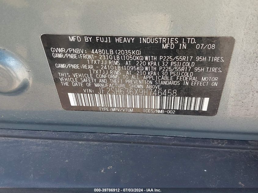 2009 Subaru Forester 2.5X VIN: JF2SH636X9H746458 Lot: 39786912