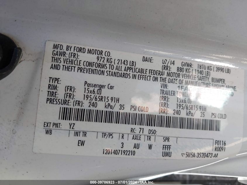 2014 Ford Focus S VIN: 1FADP3E27EL374240 Lot: 39786923