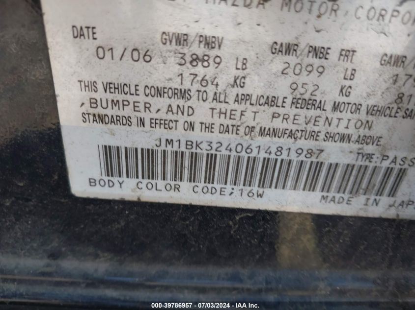 2006 Mazda 3 S VIN: JM1BK324061481987 Lot: 39786957