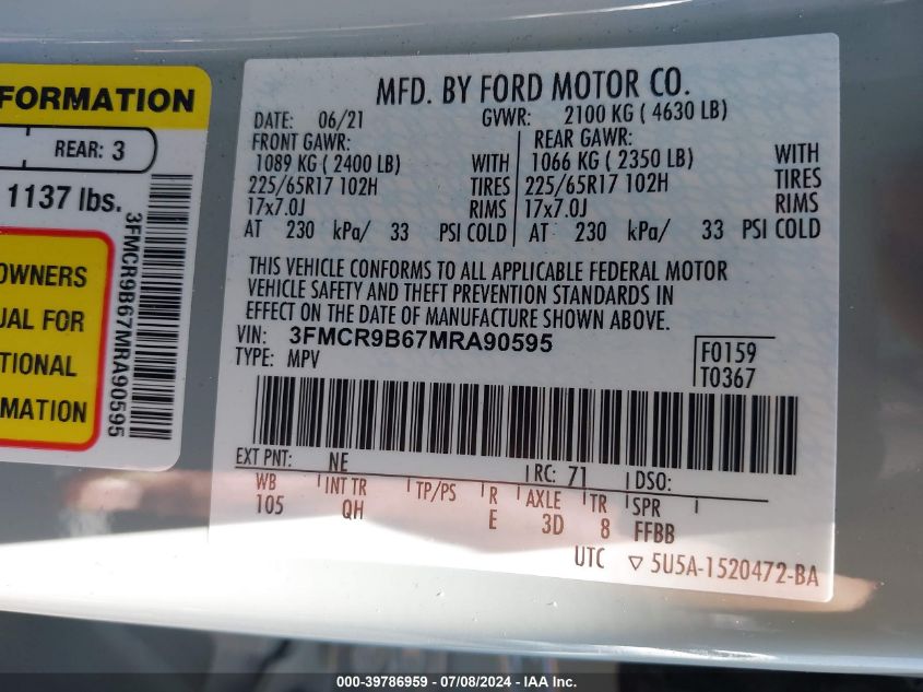 2021 Ford Bronco Sport Big Bend VIN: 3FMCR9B67MRA90595 Lot: 39786959