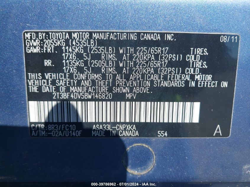 2011 Toyota Rav4 VIN: 2T3BF4DV5BW146820 Lot: 39786962