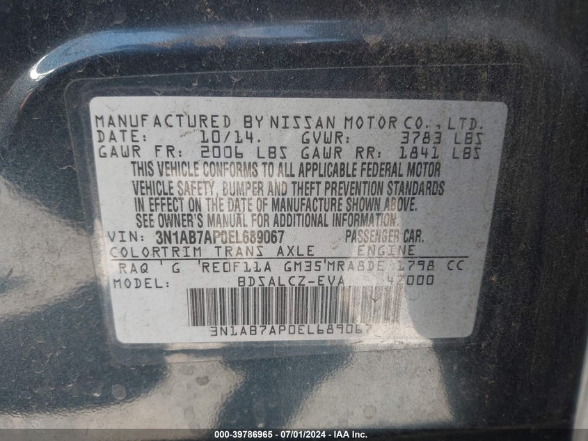 2014 Nissan Sentra S VIN: 3N1AB7AP0EL689067 Lot: 39786965