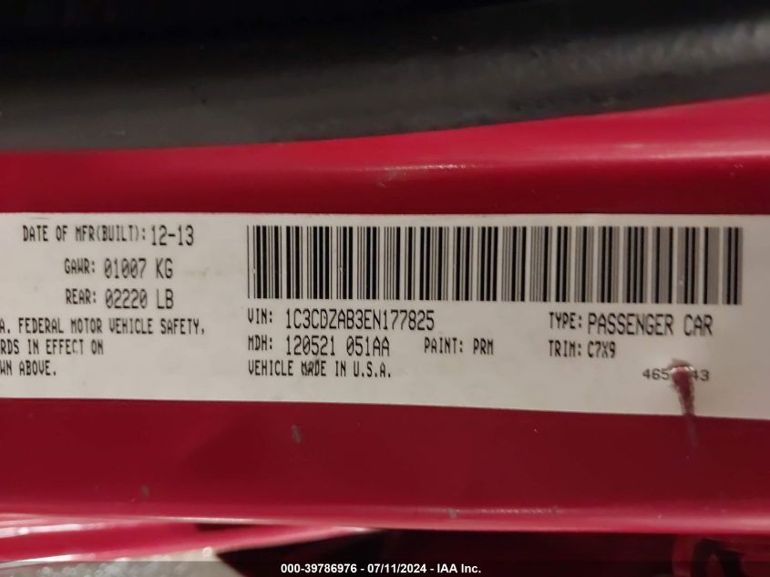 2014 Dodge Avenger Se VIN: 1C3CDZAB3EN177825 Lot: 39786976