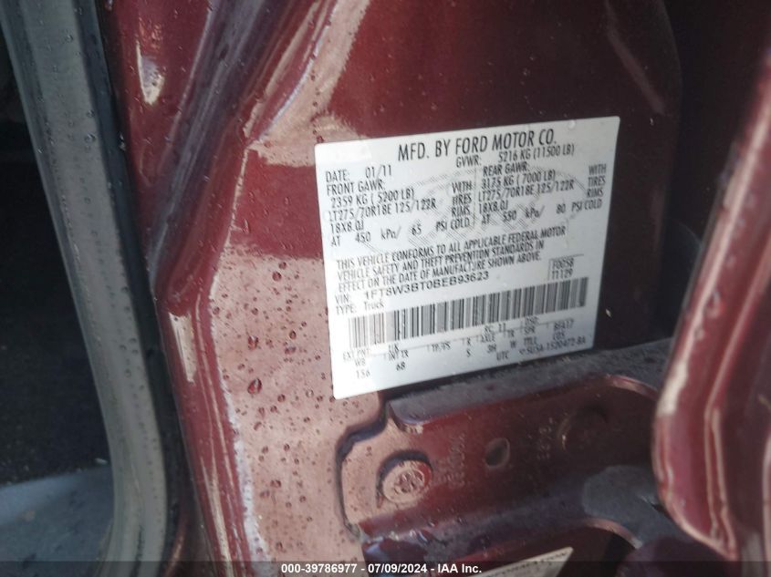 2011 Ford F-350 Lariat VIN: 1FT8W3BT0BEB93623 Lot: 39786977
