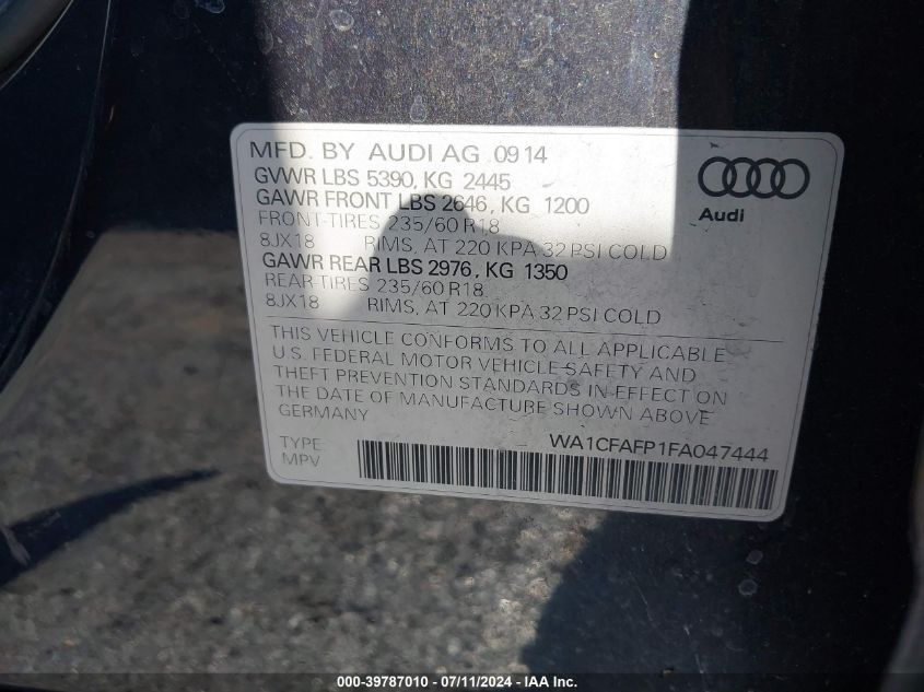 2015 Audi Q5 2.0T Premium VIN: WA1CFAFP1FA047444 Lot: 39787010