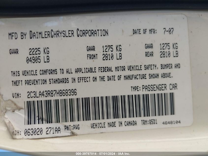 2007 Chrysler 300 VIN: 2C3LA43R87H868396 Lot: 39787014