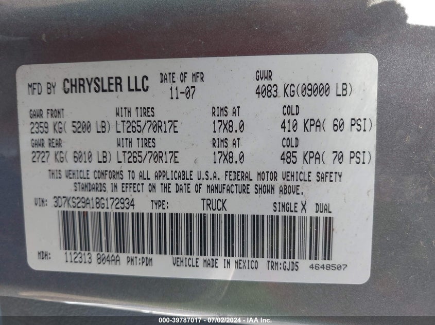 2008 Dodge Ram 2500 VIN: 3D7KS29A18G172934 Lot: 39787017