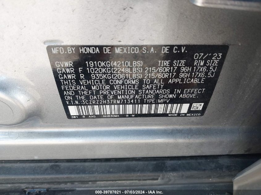 3CZRZ2H37RM713411 2024 Honda Hr-V Awd Lx