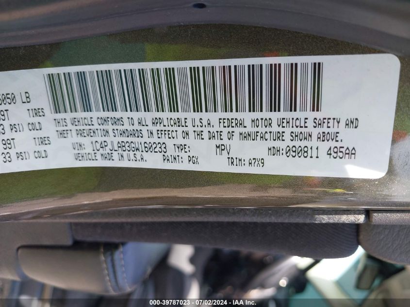 2016 Jeep Cherokee Sport VIN: 1C4PJLAB3GW160233 Lot: 39787023