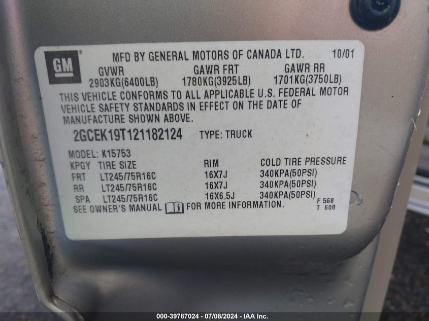 2002 Chevrolet Silverado 1500 Ls VIN: 2GCEK19T121182124 Lot: 39787024