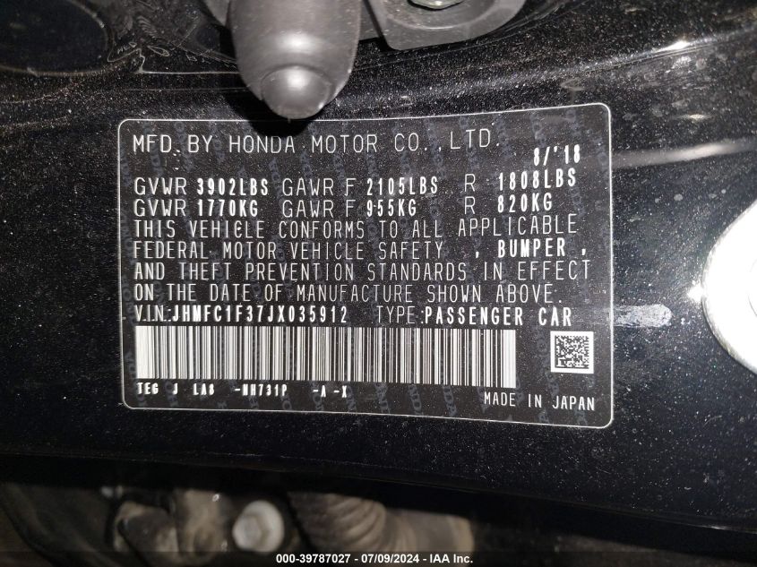 2018 Honda Civic Ex-T VIN: JHMFC1F37JX035912 Lot: 39787027