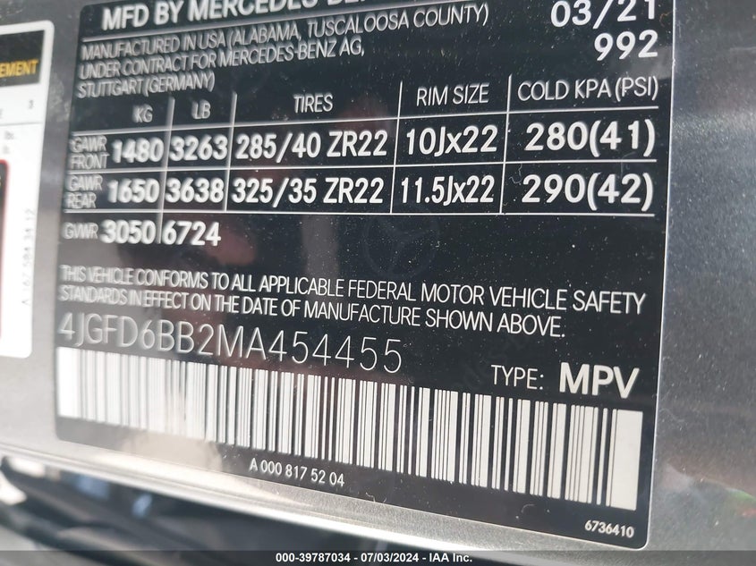 2021 MERCEDES-BENZ AMG GLE 53 COUPE 4MATIC VIN: 4JGFD6BB2MA454455