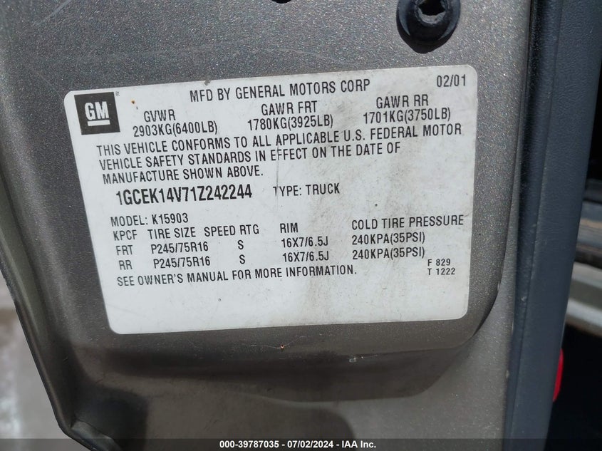 2001 Chevrolet Silverado 1500 Ls VIN: 1GCEK14V71Z242244 Lot: 39787035