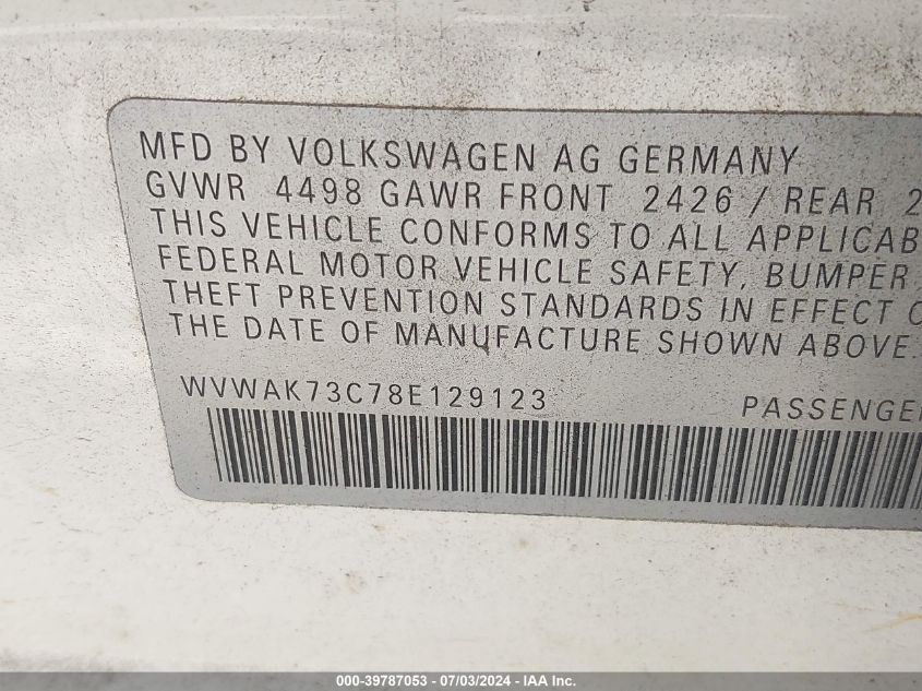 2008 Volkswagen Passat Komfort VIN: WVWAK73C78E129123 Lot: 39787053