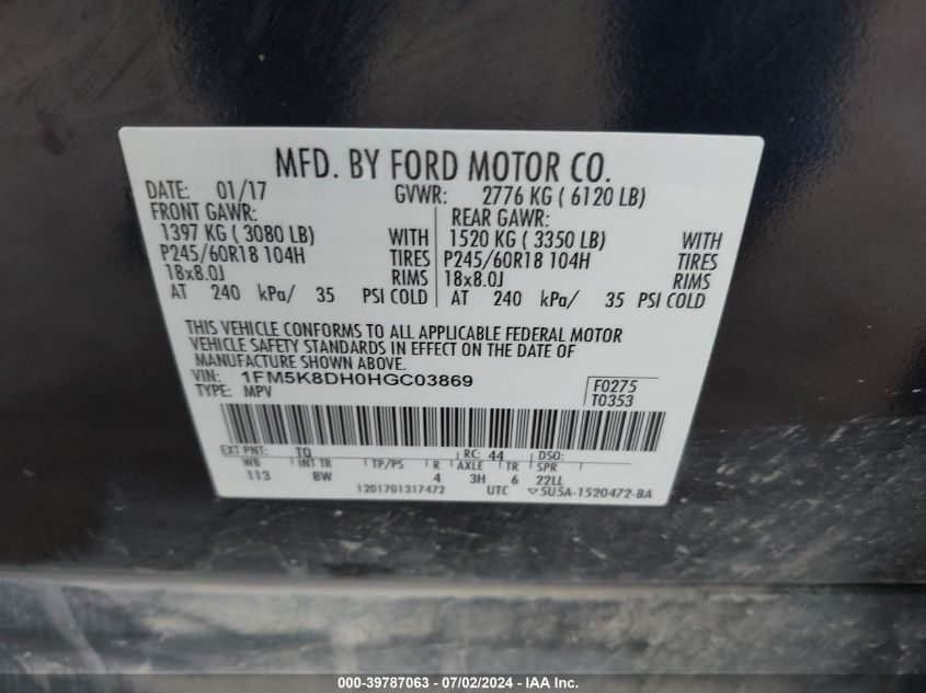 2017 Ford Explorer Xlt VIN: 1FM5K8DH0HGC03869 Lot: 39787063