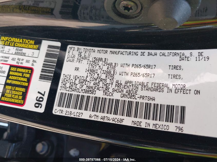 2020 Toyota Tacoma Trd Sport VIN: 3TMCZ5AN3LM308503 Lot: 39787066