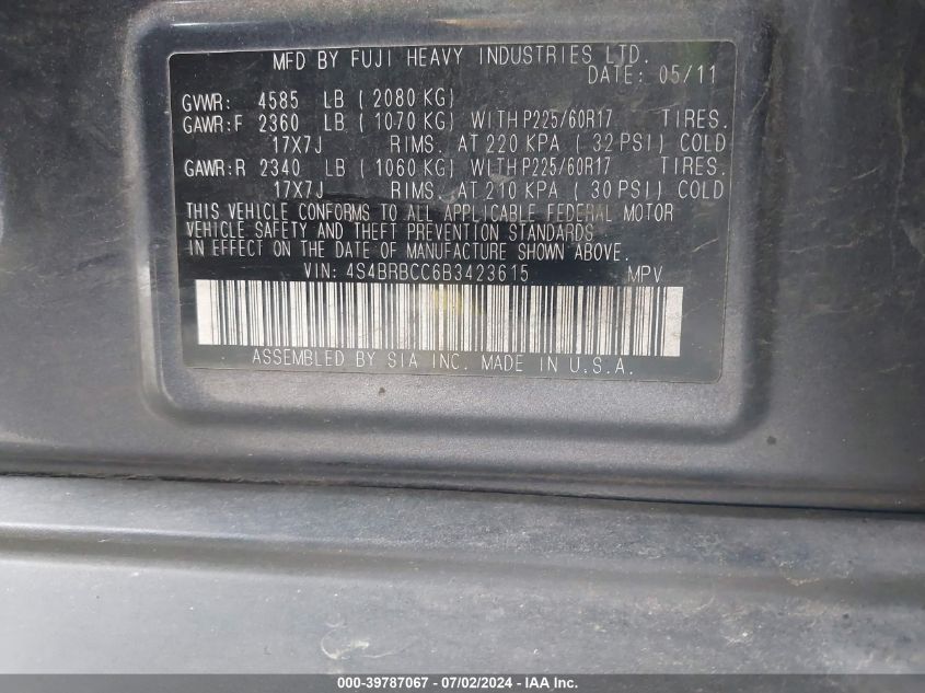 2011 Subaru Outback 2.5I Premium VIN: 4S4BRBCC6B3423615 Lot: 39787067