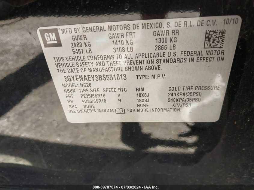 2011 Cadillac Srx Luxury Collection VIN: 3GYFNAEY3BS551013 Lot: 39787074