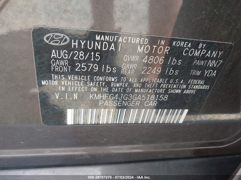 2016 Hyundai Azera VIN: KMHFG4JG3GA518158 Lot: 39787078