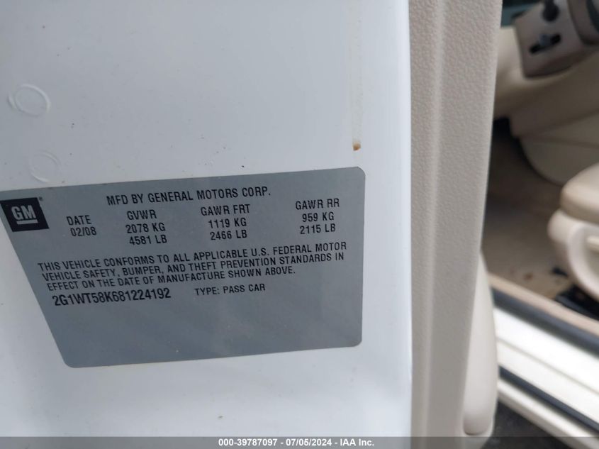 2008 Chevrolet Impala Lt VIN: 2G1WT58K681224192 Lot: 39787097