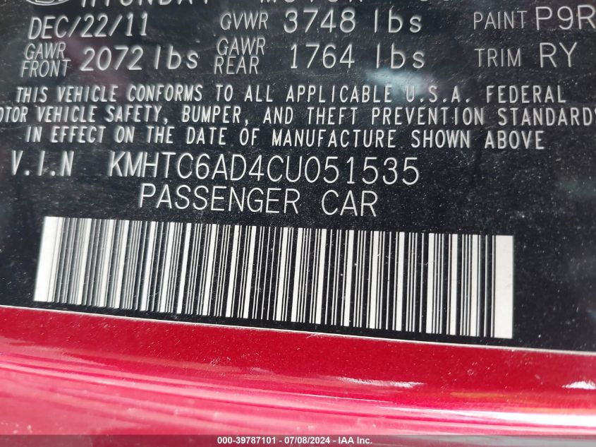 2012 Hyundai Veloster VIN: KMHTC6AD4CU051535 Lot: 39787101