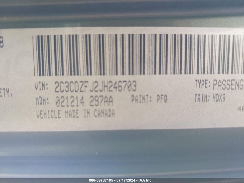 2018 Dodge Challenger R/T Scat Pack VIN: 2C3CDZFJ2JH246703 Lot: 39787105