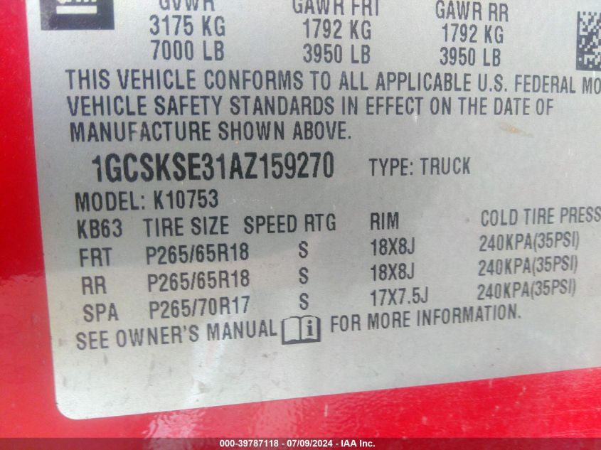 2010 Chevrolet Silverado 1500 Lt VIN: 1GCSKSE31AZ159270 Lot: 39787118