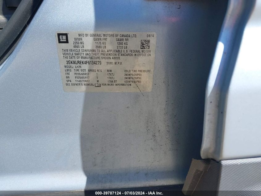 2015 GMC Terrain Sle-2 VIN: 2GKALREK4F6134279 Lot: 39787124