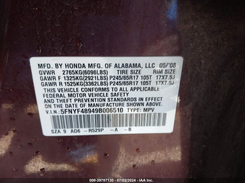 2009 Honda Pilot Touring VIN: 5FNYF48949B006510 Lot: 39787130
