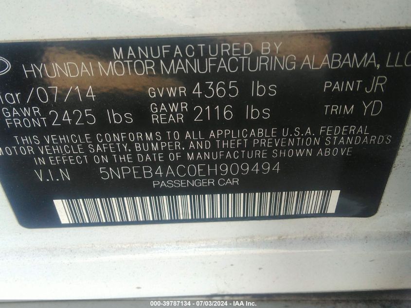 5NPEB4AC0EH909494 2014 Hyundai Sonata Gls