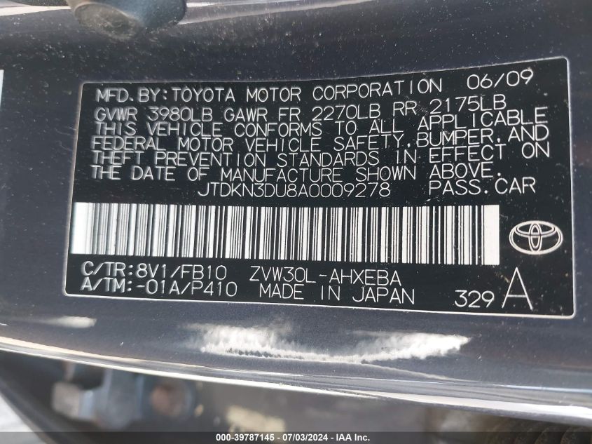2010 Toyota Prius Iii VIN: JTDKN3DU8A0009278 Lot: 39787145