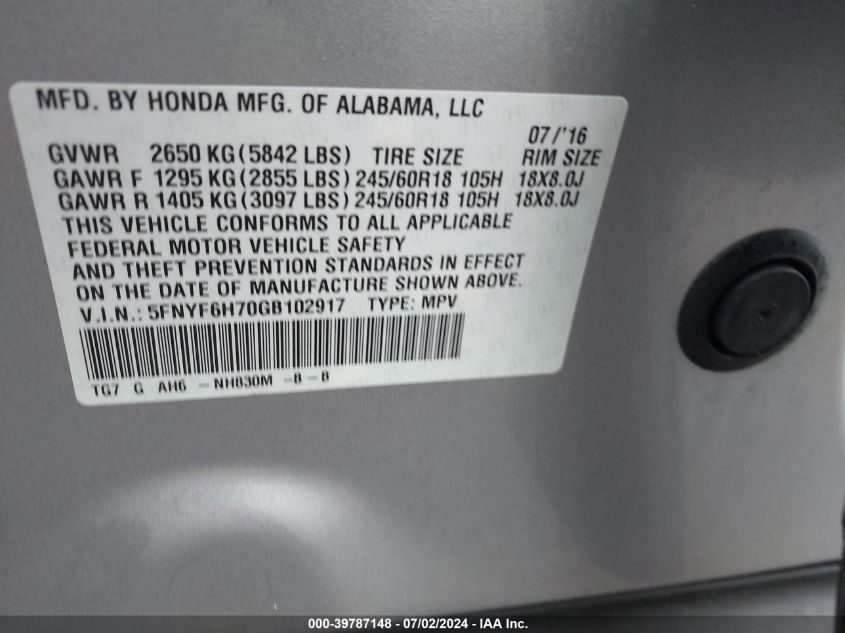 2016 Honda Pilot Exln VIN: 5FNYF6H70GB102917 Lot: 39787148