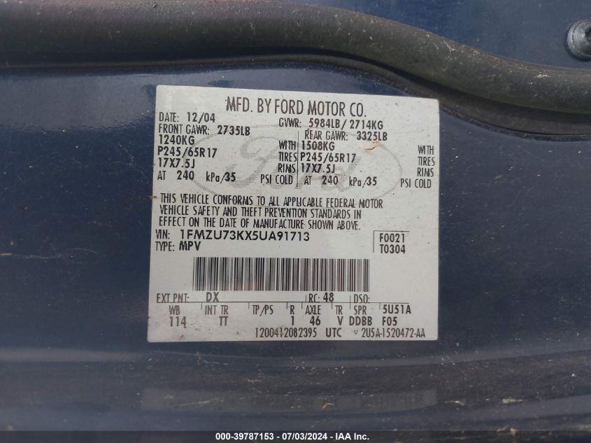 2005 Ford Explorer Xlt/Xlt Sport VIN: 1FMZU73KX5UA91713 Lot: 39787153