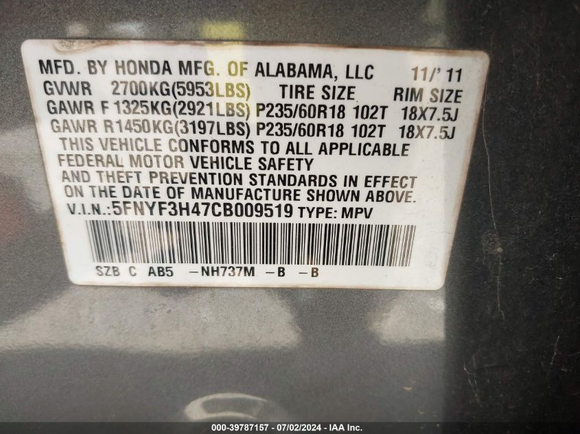 2012 Honda Pilot Ex VIN: 5FNYF3H47CB009519 Lot: 39787157