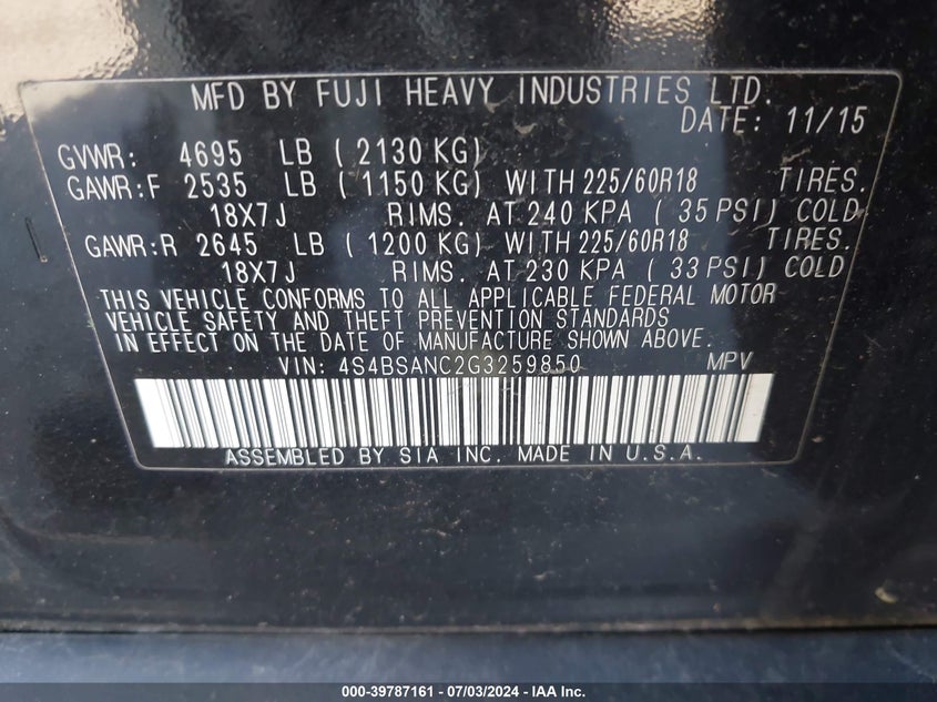 2016 SUBARU OUTBACK 2.5I LIMITED - 4S4BSANC2G3259850