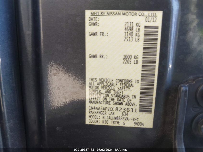 2012 Nissan Maxima 3.5 Sv VIN: 1N4AA5AP2CC823631 Lot: 39787172