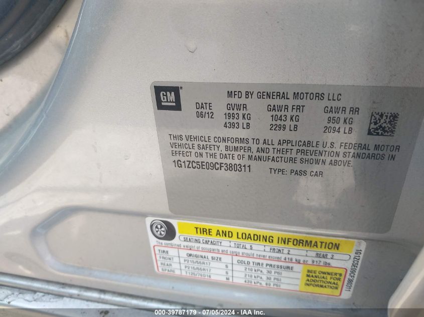 2012 Chevrolet Malibu 1Lt VIN: 1G1ZC5E09CF380311 Lot: 39787179