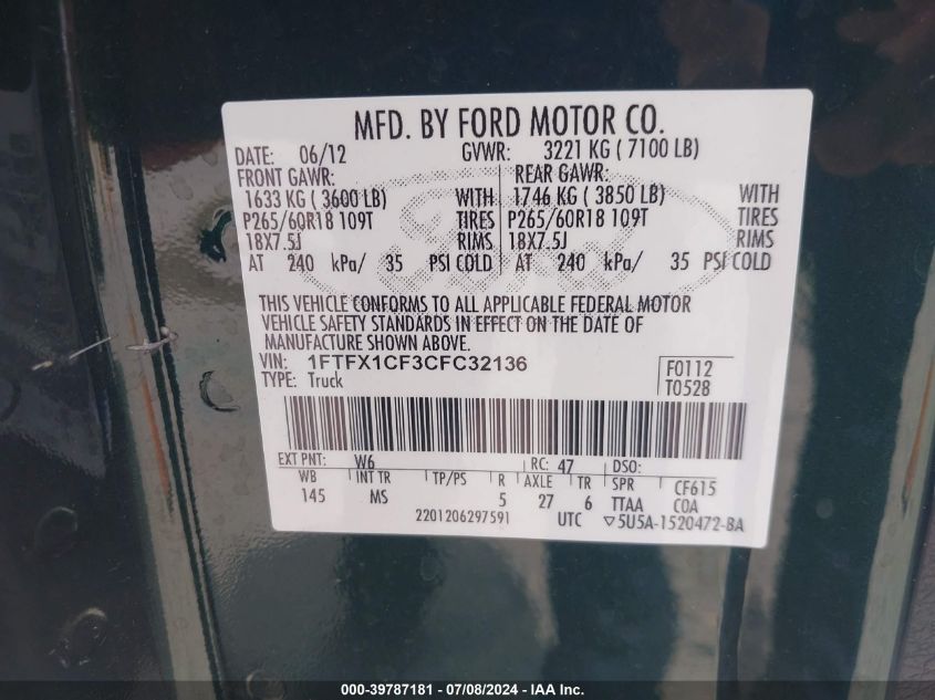 2012 Ford F-150 Xlt VIN: 1FTFX1CF3CFC32136 Lot: 39787181