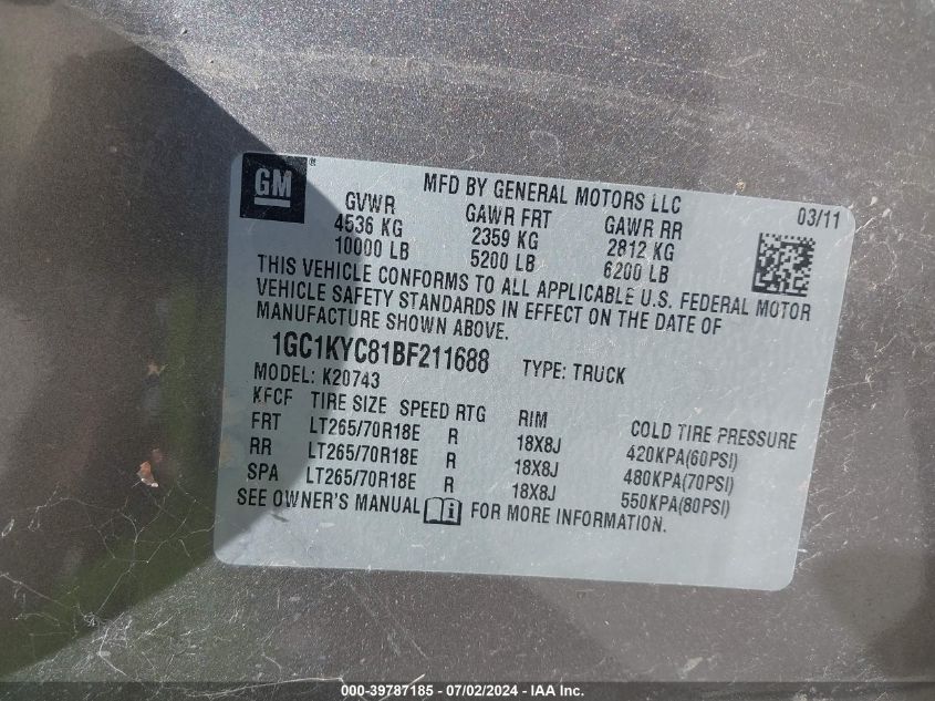 2011 Chevrolet Silverado K2500 Heavy Duty Ltz VIN: 1GC1KYC81BF211688 Lot: 39787185