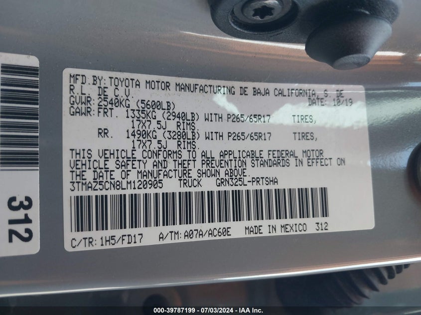 2020 TOYOTA TACOMA DOUBLE CAB/SR5/TRD SPORT/ - 3TMAZ5CN8LM120905