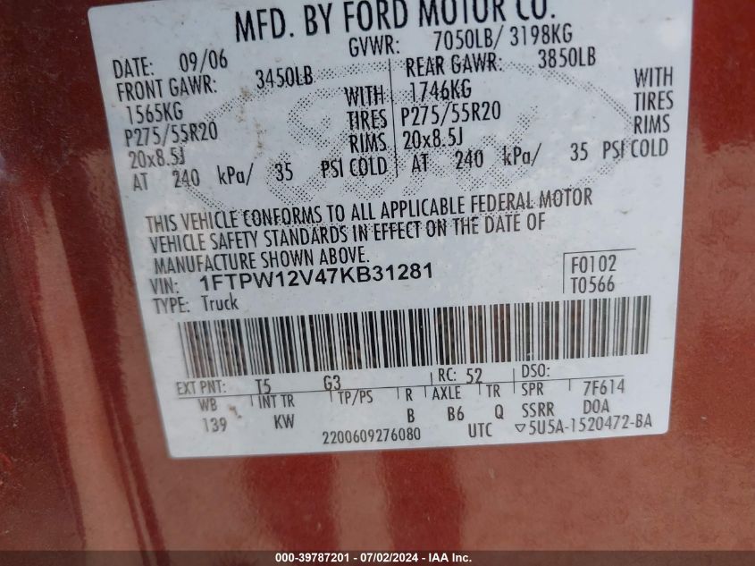 2007 Ford F-150 Lariat/Xlt VIN: 1FTPW12V47KB31281 Lot: 39787201