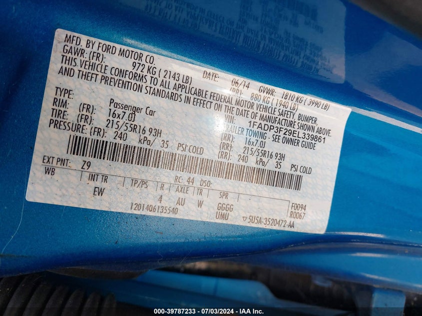 2014 Ford Focus Se VIN: 1FADP3F29EL339861 Lot: 39787233