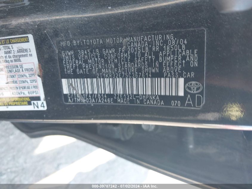 2005 Toyota Matrix Xr VIN: 2T1KR32E75C367614 Lot: 39787242