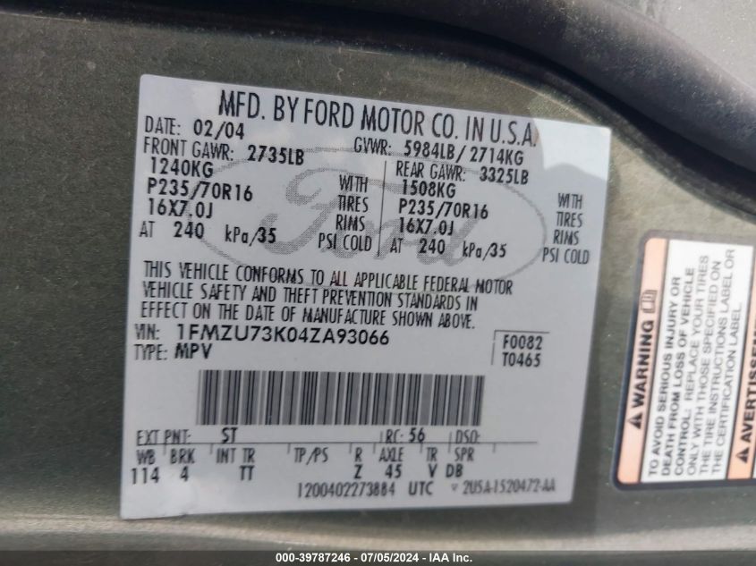2004 Ford Explorer Nbx/Xlt VIN: 1FMZU73K04ZA93066 Lot: 39787246