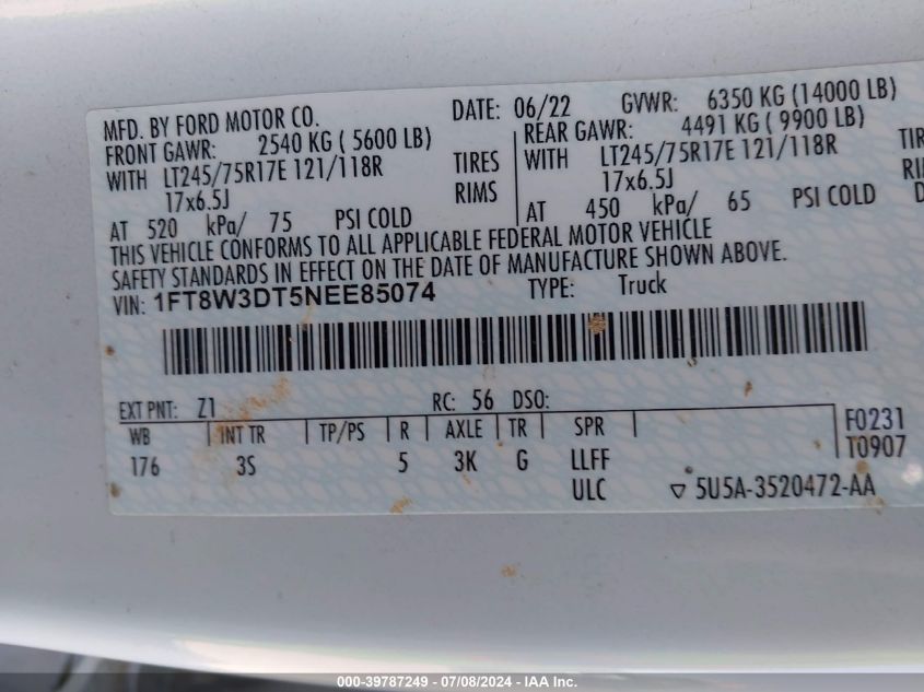 2022 Ford F-350 Xlt VIN: 1FT8W3DT5NEE85074 Lot: 39787249