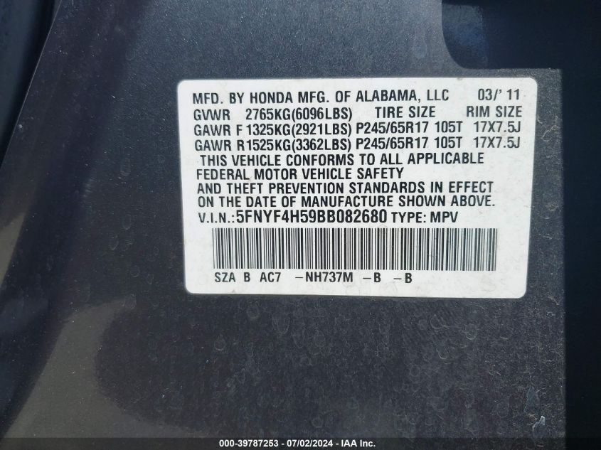 2011 Honda Pilot Ex-L VIN: 5FNYF4H59BB082680 Lot: 39787253