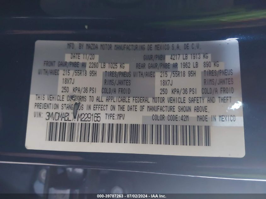 2021 Mazda Cx-30 Select VIN: 3MVDMABL7MM229165 Lot: 39787263