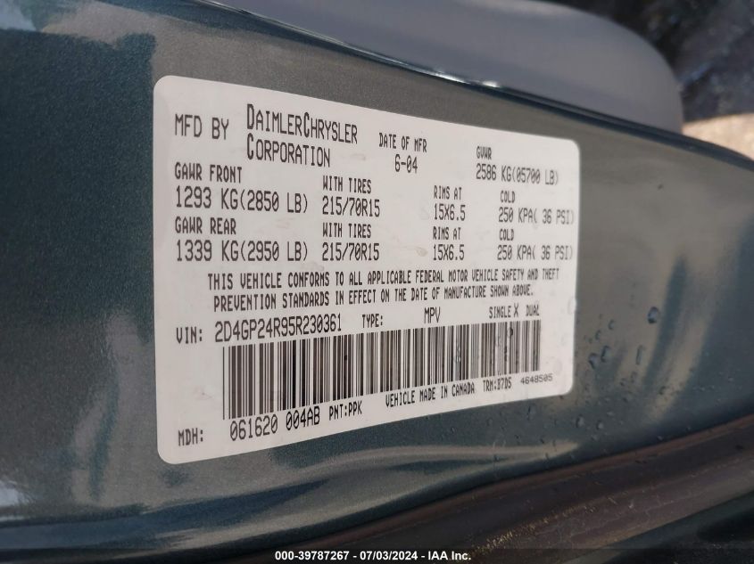 2005 Dodge Grand Caravan Se VIN: 2D4GP24R95R230361 Lot: 39787267