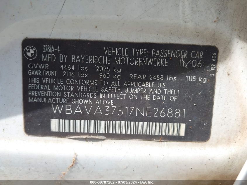 2007 BMW 328I VIN: WBAVA37517NE26881 Lot: 39787282